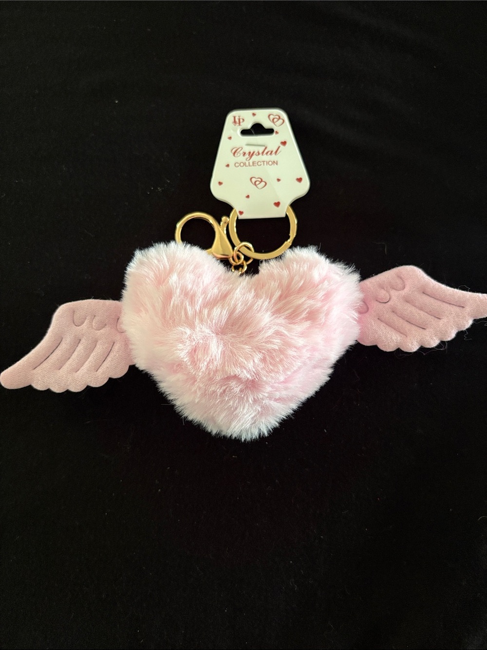 Crystal Collection Pink Fuzzy Heart Wing Keychain Bag Charm